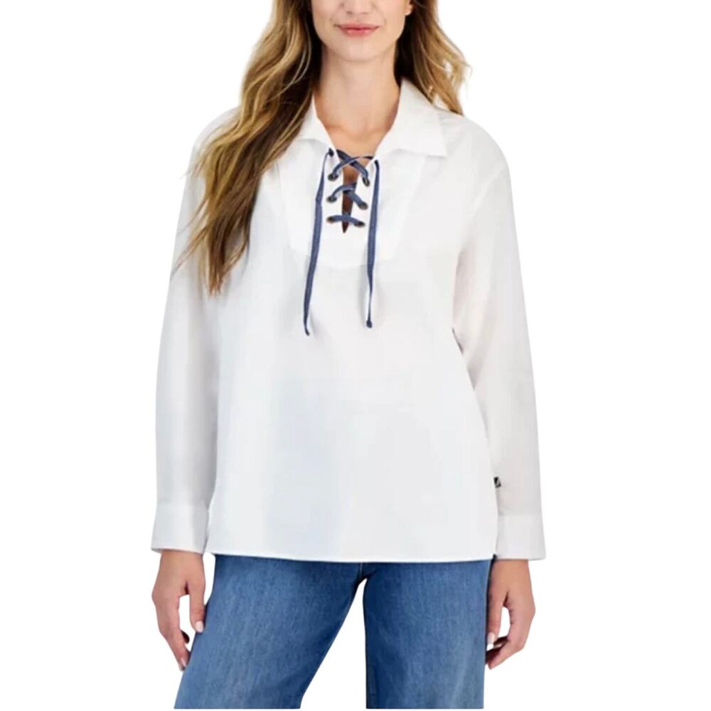 Nautica Jeans Womens Top Size Large 100% Cotton Lace-Up Fold-Collar Bright White